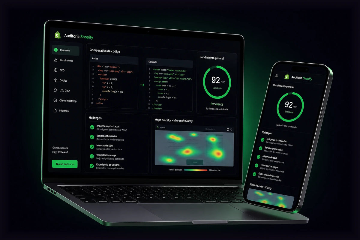 Panel de auditoría de una tienda Shopify: comparativa de código, rendimiento y mapa de calor