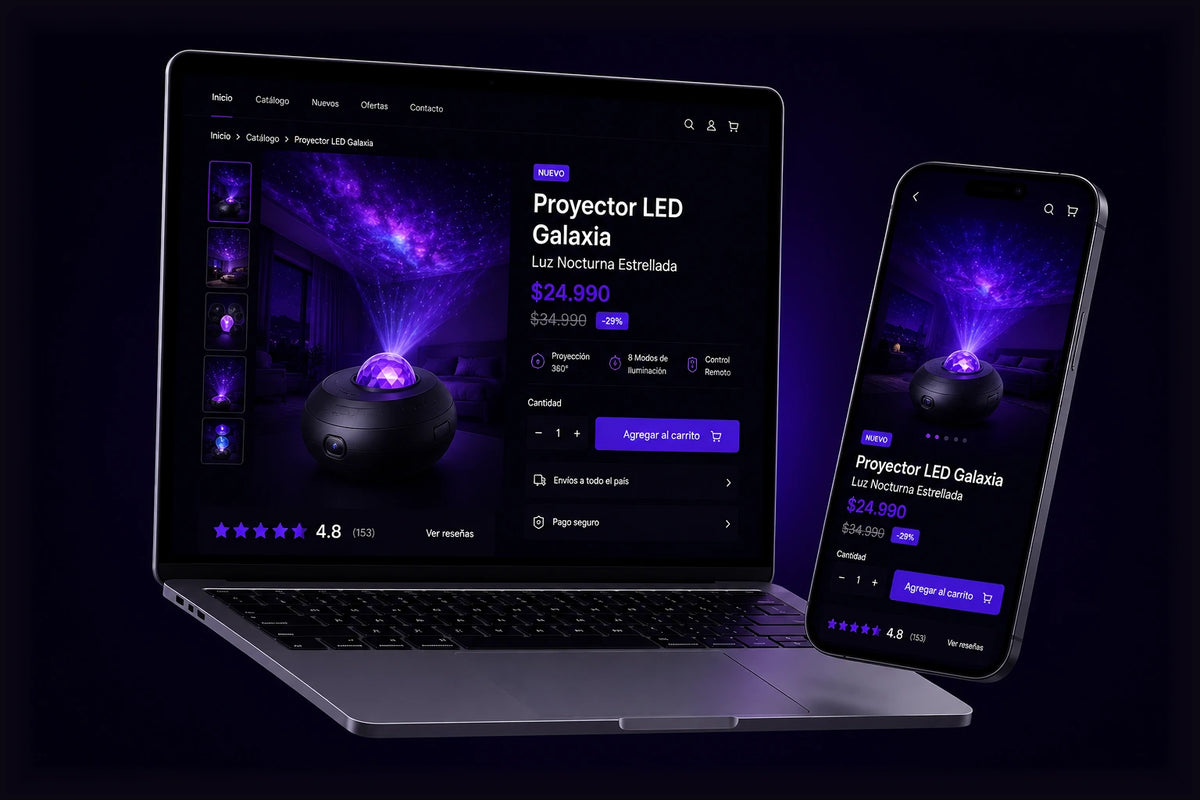 Tienda de proyector de luz nocturna LED mostrada en una laptop y un celular