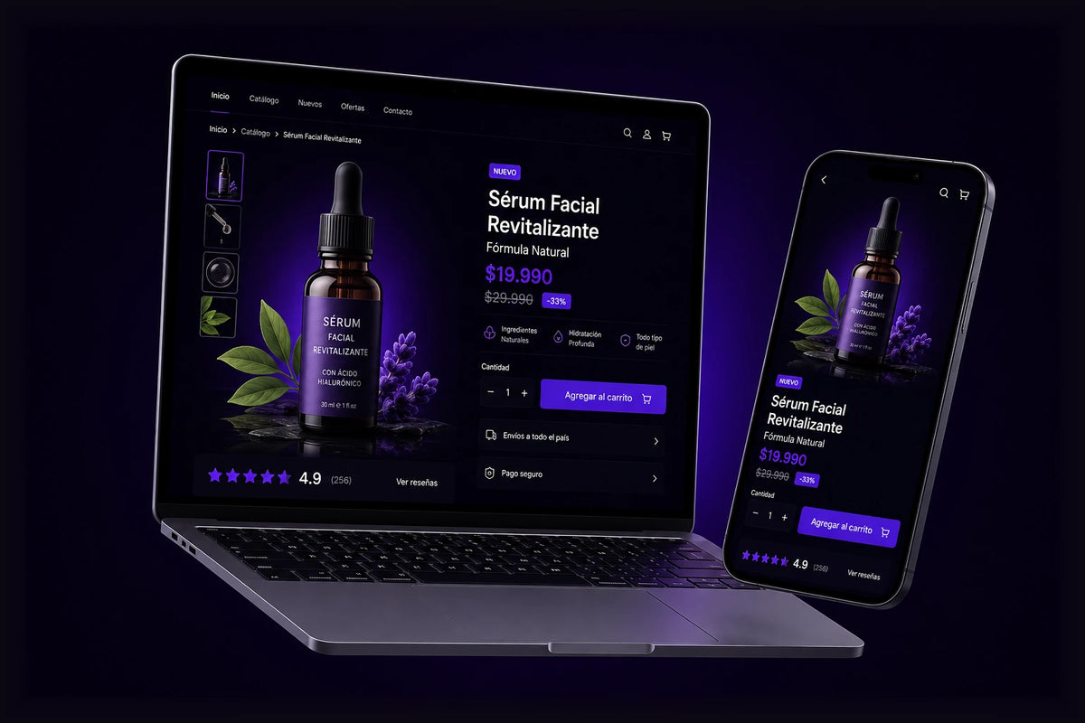 Tienda de cosmética natural mostrada en una laptop y un celular