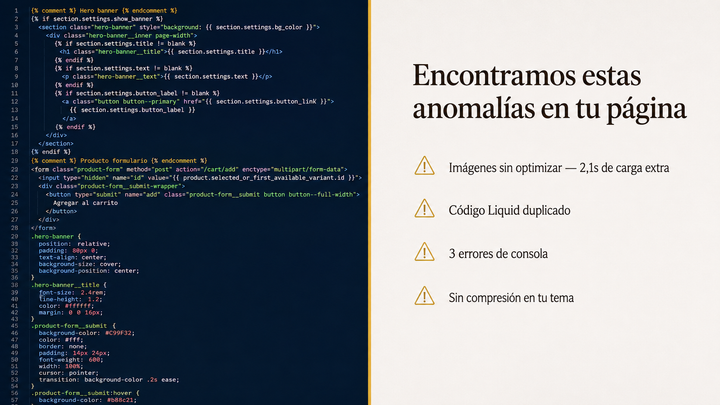 Auditoría Shopify — código y reporte de anomalías